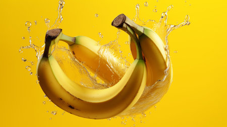 Bananas in water splashes on yellow background, close-up. Vitamins and healthの素材