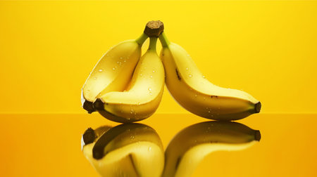 Bunch of bananas with water drops on a yellow background with reflection. Vitamins and healthの素材