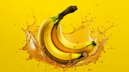 Bananas in a splash of water on a yellow background. Vitamins and health. Honey sprinkles. 3d renderingの素材