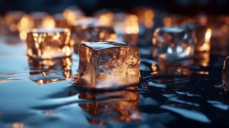 Melting ice cubes on dark blue background. Ice cubes close up.の素材