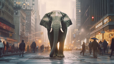 Elephant walking in the city at night. 3d rendering. When people don't go to nature, she goes to themの素材