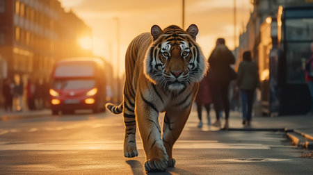 Siberian tiger walking on the street in the evening at sunset. Walking around Londonの素材
