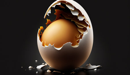Broken brown egg on a black background. 3d illustration.の素材