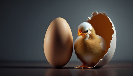 Easter chicken and egg on dark background. Happy Easter concept.の素材