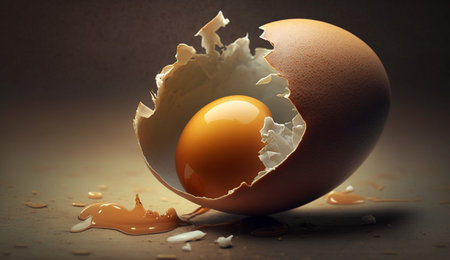 Broken egg with eggshell on the table. 3d illustrationの素材