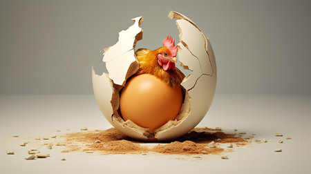 Chicken coming out of an egg shell. Conceptual image of Easter.の素材