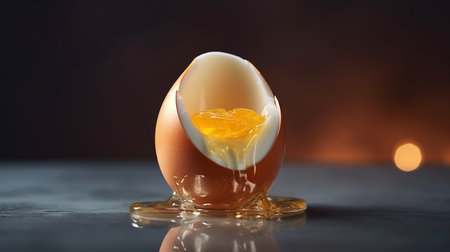 Boiled egg with yolk on a dark background.の素材