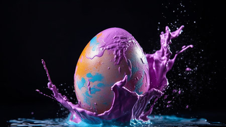 Colorful easter egg with splashes of water on black backgroundの素材