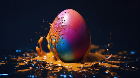Colorful painted easter egg with splashes on dark background.の素材