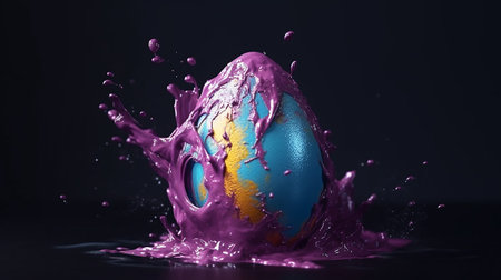 Colorful easter egg with splashes of paint on black backgroundの素材