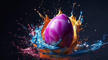 Colorful easter egg with water splash on black background. 3d renderingの素材