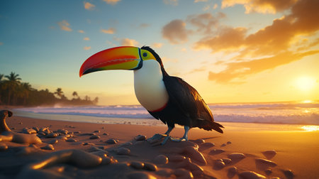 Toucan on the beach at sunset. Colorful sunset over the ocean with a bird.の素材