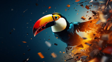 Tropical bird flying high in sky. Mixed media. Mixed mediaの素材