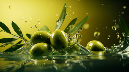 Green olives with leaves falling into water with splash on yellow backgroundの素材
