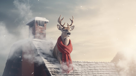 Deer with red scarf on roof. Christmas and New Year conceptの素材