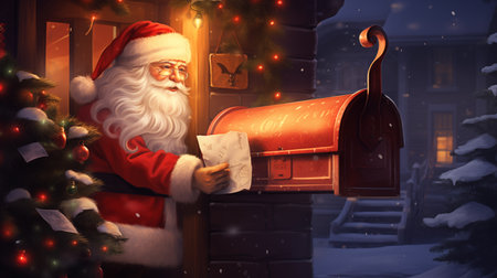 Santa Claus delivering letter to the mailbox. Christmas postcard concept.の素材