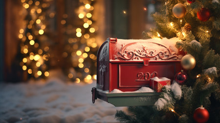 Red mailbox on a Christmas background with a Christmas tree and lights.の素材