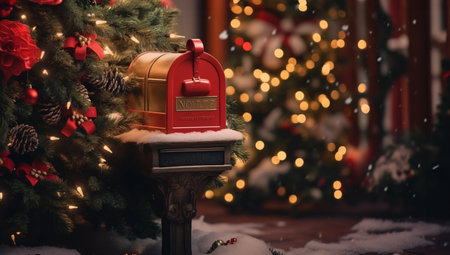 Red mailbox on the background of a Christmas tree with a garlandの素材