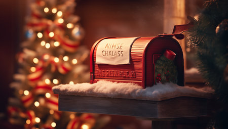 Red mailbox with the inscription Merry Christmas on the background of a Christmas treeの素材