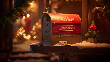 Mailbox with christmas tree on background. Christmas postbox on wooden background.の素材