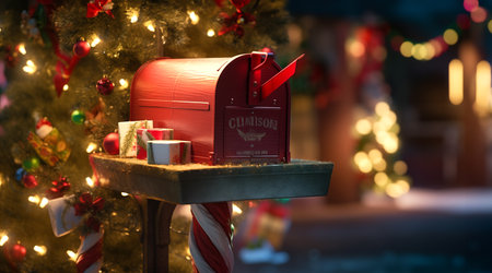 Mailbox with Christmas gifts on the background of a Christmas tree.の素材