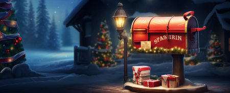 Mailbox in winter forest with Christmas tree and gifts. 3d renderingの素材