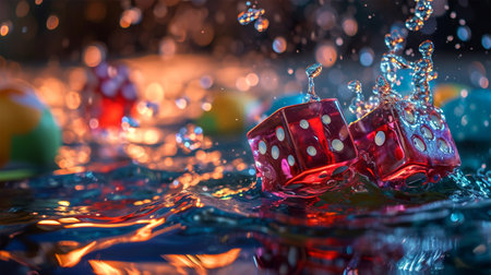 Red dice fall into water with bokeh background, concept of risk and chance. Gambling themeの素材