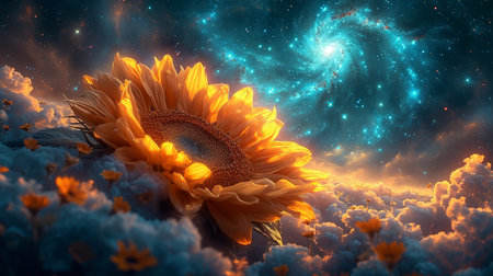 Sunflower in the sky with stars and space. 3D renderingの素材