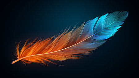 Blue and orange feather on a dark background. 3d illustration.の素材