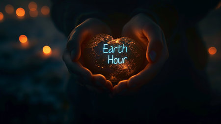 Hands of a young woman holding the planet Earth in the shape of a heart with the text Earth Dayの素材