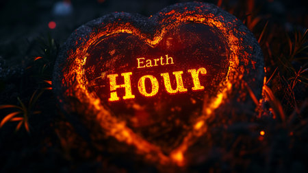 Earth Hour Background. Glowing heart in the mud with glowing textの素材