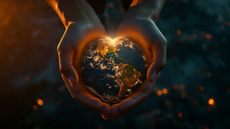 Close-up of human hands holding planet earth in heart shape in palms.の素材