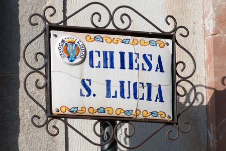 Signboard church of Saint Lucia in Savoca Sicilyの写真素材