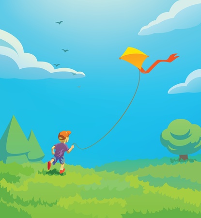  Illustration of a kid playing with kiteのイラスト素材