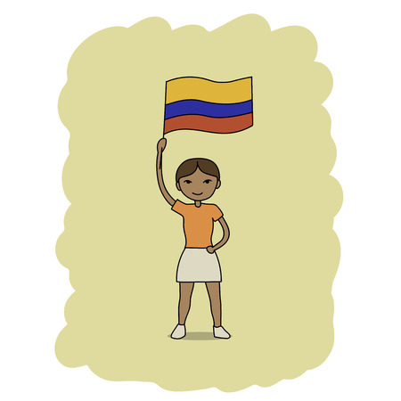 This is a cartoon illustration of a girl holding Colombia flagのイラスト素材