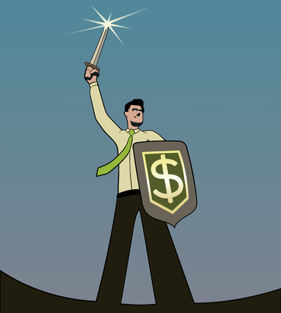 A businessman with a sword and a dollar shieldのイラスト素材