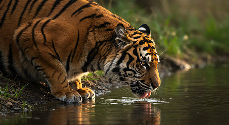 Siberian Tiger drinking water at a waterhole in the forestの素材