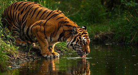 Sumatran Tiger drinking water from a puddle in the jungleの素材