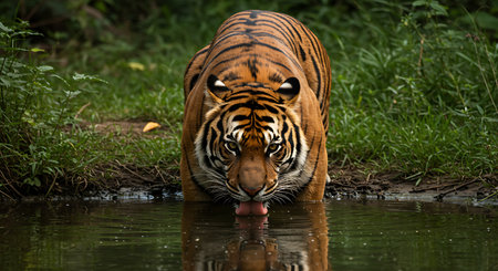 Sumatran Tiger drinking water in a natural habitat, Thailand.の素材