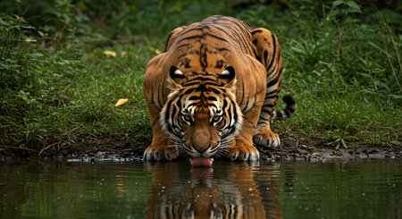 Sumatran Tiger drinking water from a pond, Sumatra, Indonesiaの素材