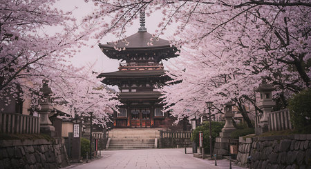 Japanese temple in Kyoto, Japan. Cherry blossoms in full bloom.の素材