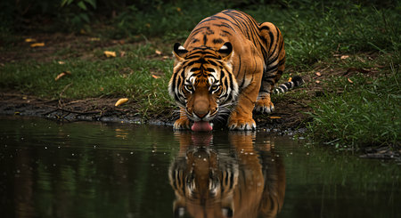 Bengal tiger drinking water from a puddle in the forestの素材