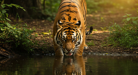 Sumatran Tiger drinking water in the wild. Wildlife scene from nature.の素材