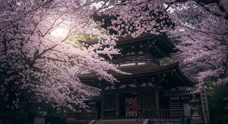 Japanese temple with cherry blossoms in spring, Kyoto, Japan.の素材