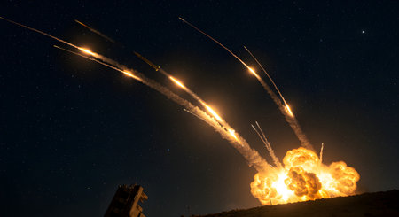 Aerial view of a rocket in the night sky with stars.の素材