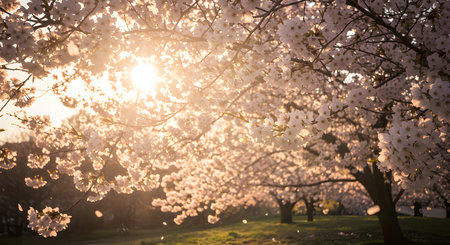 Cherry blossoms in full bloom in the park at sunset.の素材