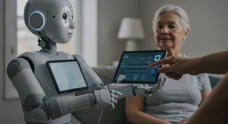 Senior woman and robot discussing data on digital tablet in living room at homeの素材