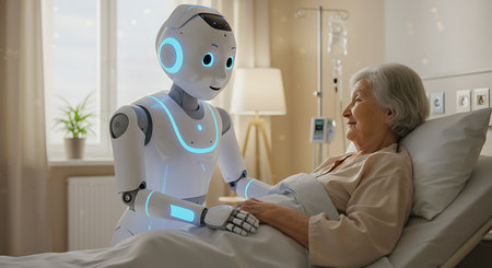 cheerful senior woman lying on hospital bed and talking with robotの素材