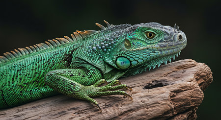 Green iguana on a log in the forest. Wildlife scene from nature.の素材