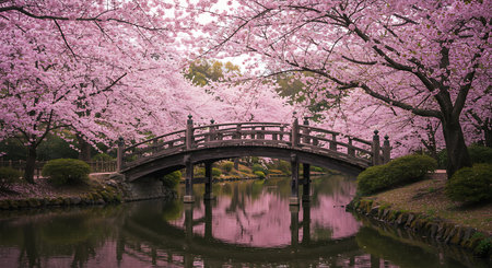 Cherry blossoms in full bloom and a wooden bridge over the pondの素材